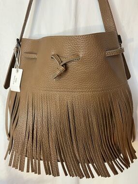 Pretty Persuasion Fringe Brown /Taupe faux Leather Bucket Shoulder Bag